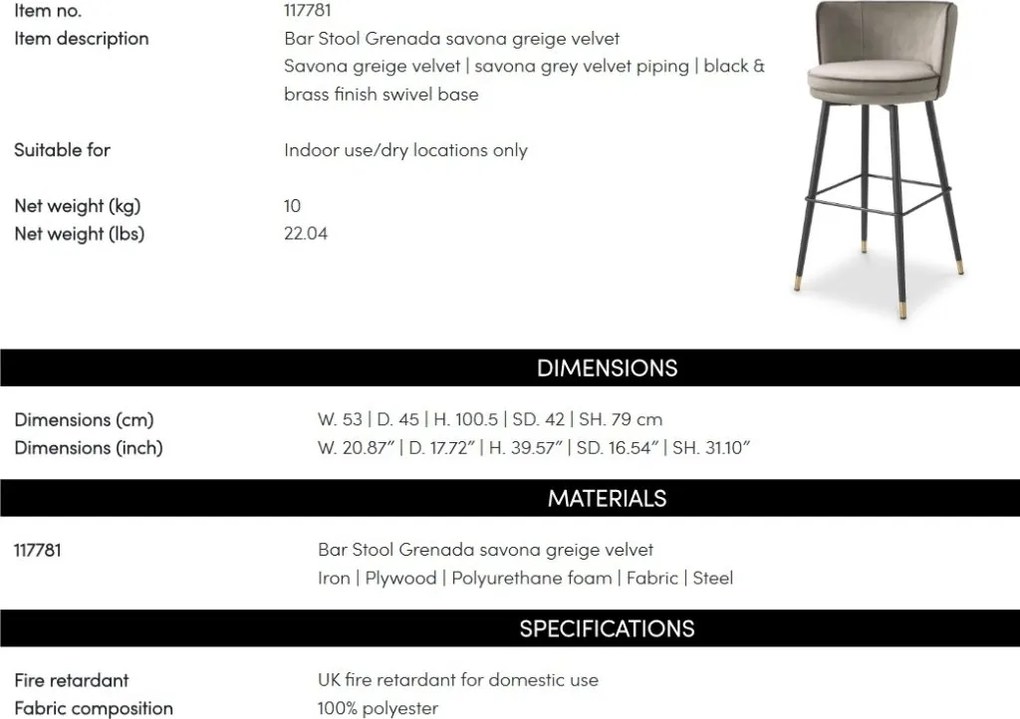 Scaun de bar pivotant design LUX Grenada, catifea Savona greige