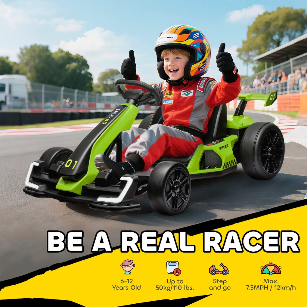 HOMCOM Go Kart Electric pentru Copii cu Scaun Reglabil, 2 Motoare, Claxon, Lumini și Muzică, 120x76x53,5 cm, Verde | Aosom Romania