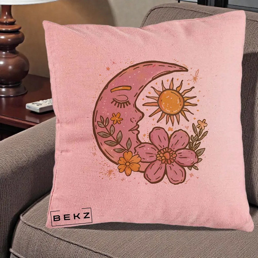 Perna Personalizata Luna si Soare Floral Boho, 40x40 cm, Roz, Husa Detasabila, Perna Inclusa, BEKZ®