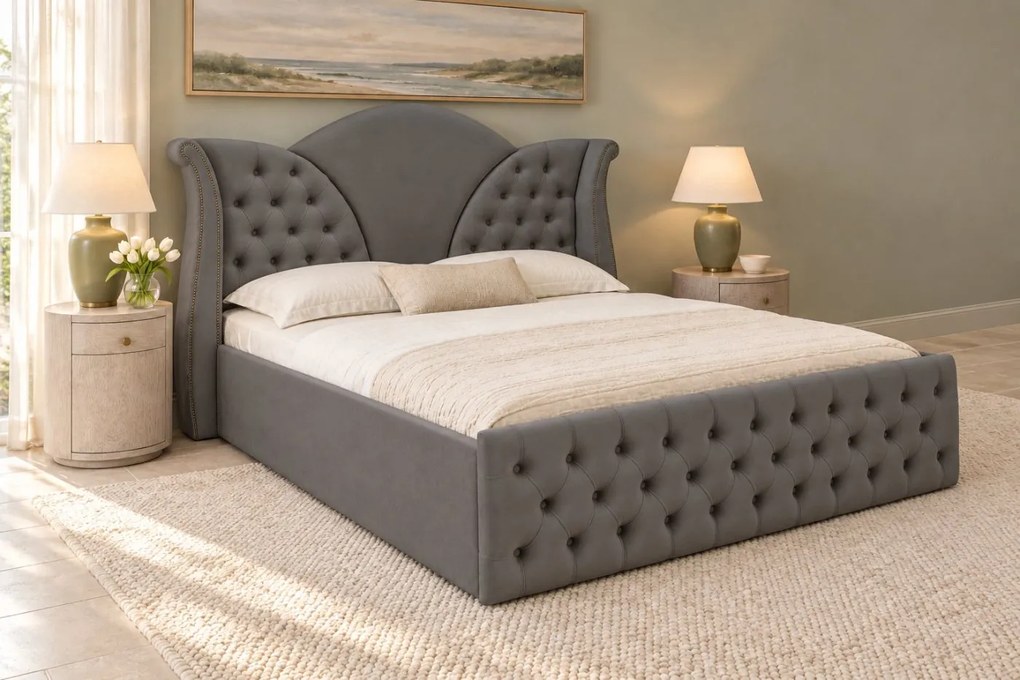 Pat tapițat Chesterfield din catifea Velora 140×200 cm, gri închis, cu ladă de depozitare
