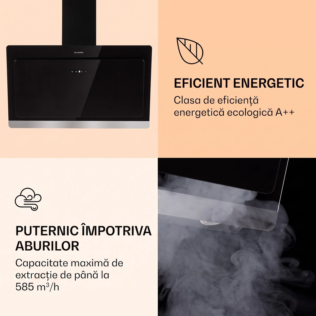 Klarstein Aurora 90, Hotă, 585 m³/h, 90 cm, hotă de coș de fum, lumină de fundal, clasa de eficiență energetică A++