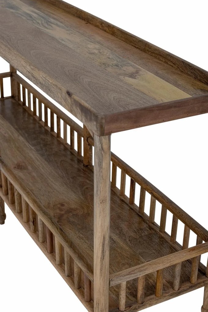 Consolă hol eclectică din lemn de mango, natur, cu raft jos cu balustradă, blat cu bordură și 6 picioare, 80 x 168 x 43 cm, „Sali”