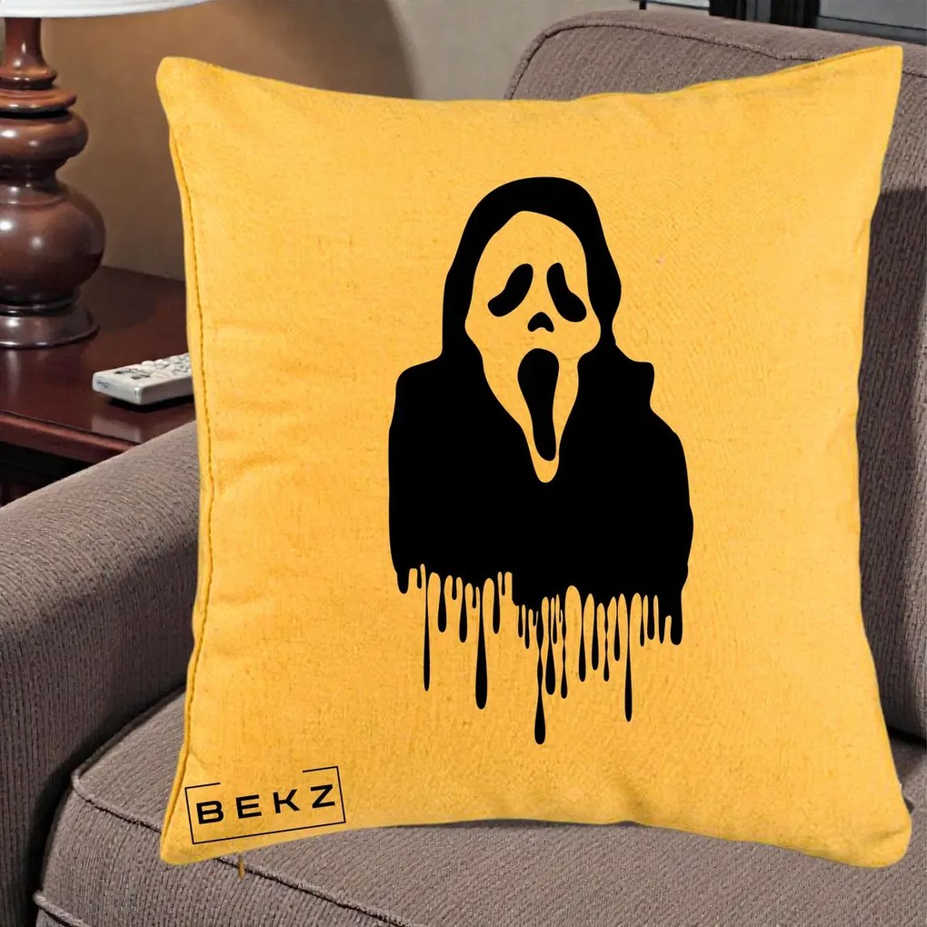 Perna Personalizata Halloween Ghostface Scream Picurand, 40x40 cm, Galben, Husa Detasabila, Perna Inclusa, BEKZ®
