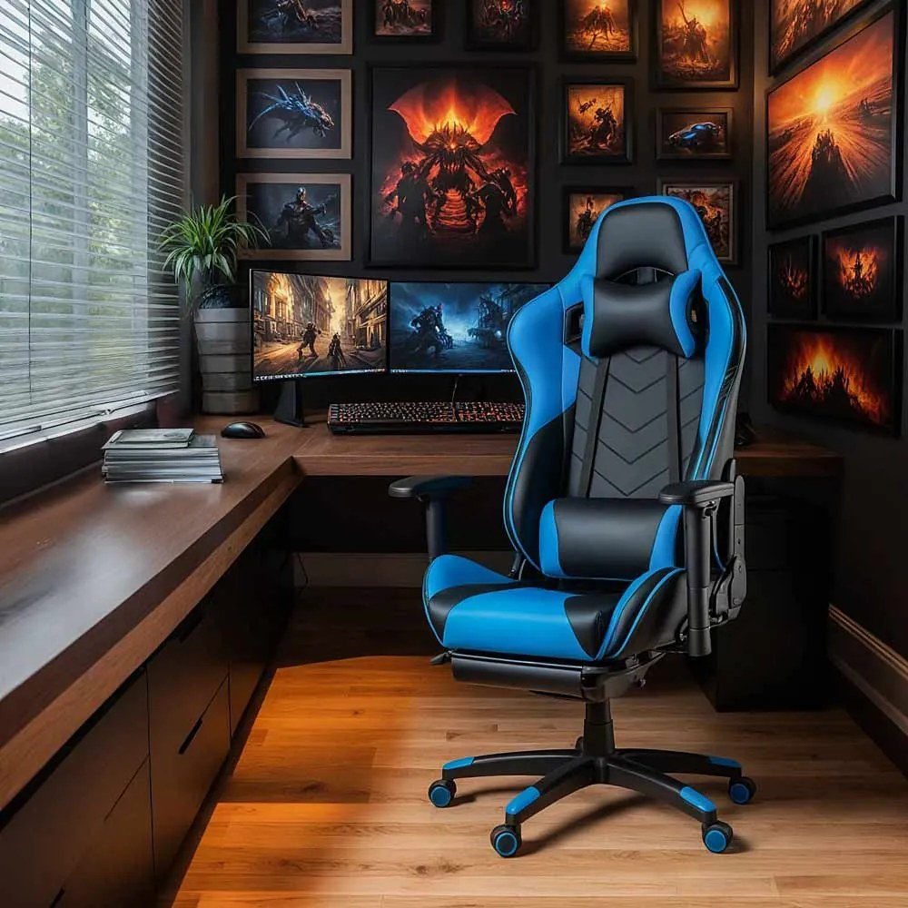 Scaun gaming albastru din piele sintetică cu suport picioare si spatar rabatabil OFF 306