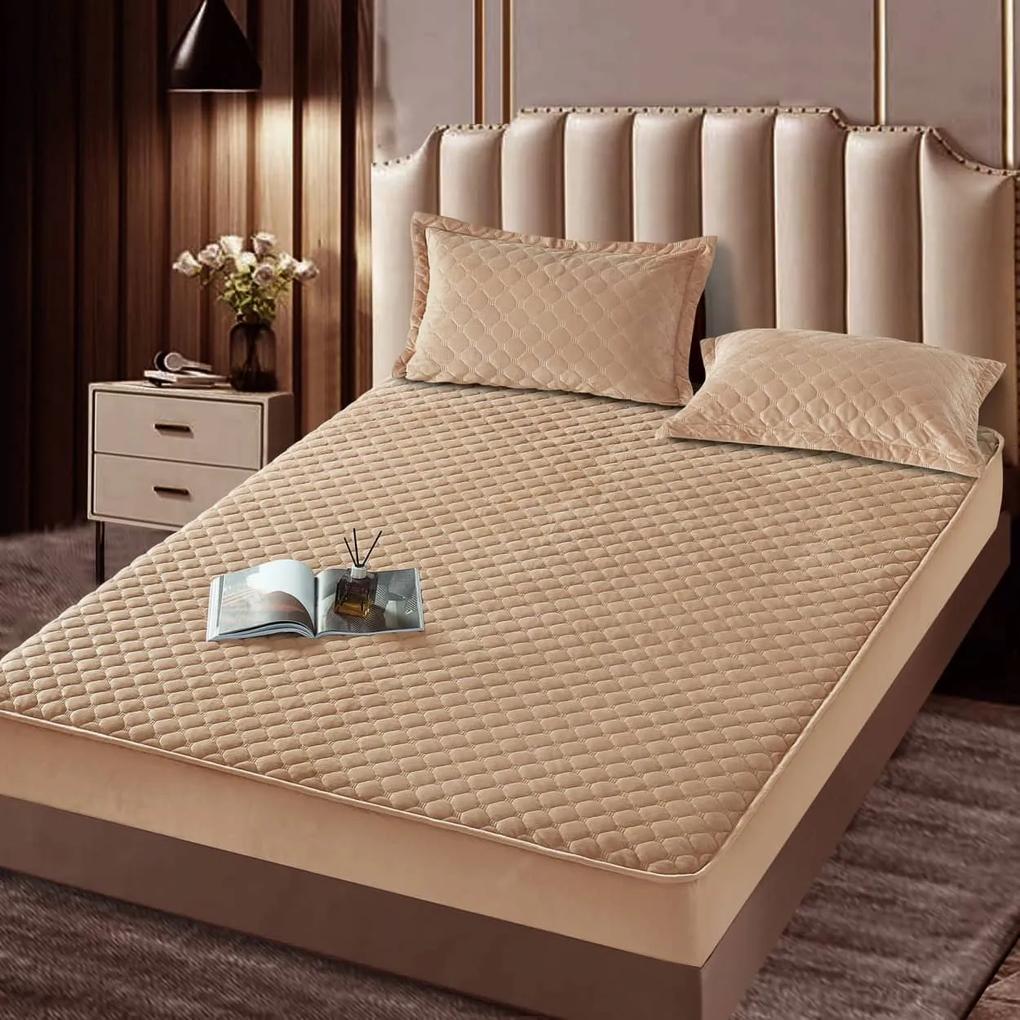 Husa de pat matlasata si 2 fete de perne din catifea, cu elastic, model tip topper, pentru saltea 180x200 cm, bej, HTC-09