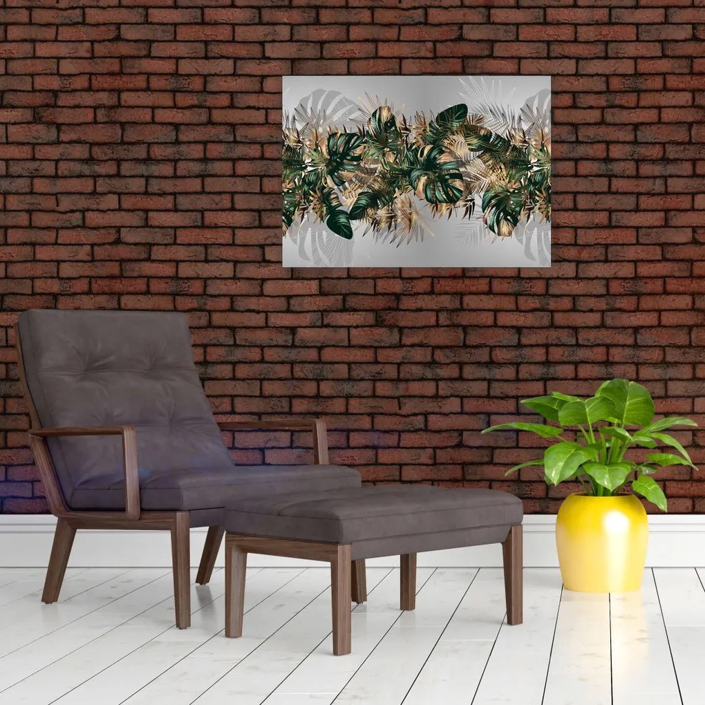 Tablou pe sticlă - Frunze tropicale, Galben - auriu (70x50 cm)
