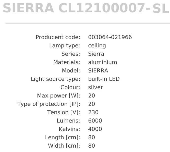 Plafoniera LED moderna SIERRA argintiu, 80x80cm