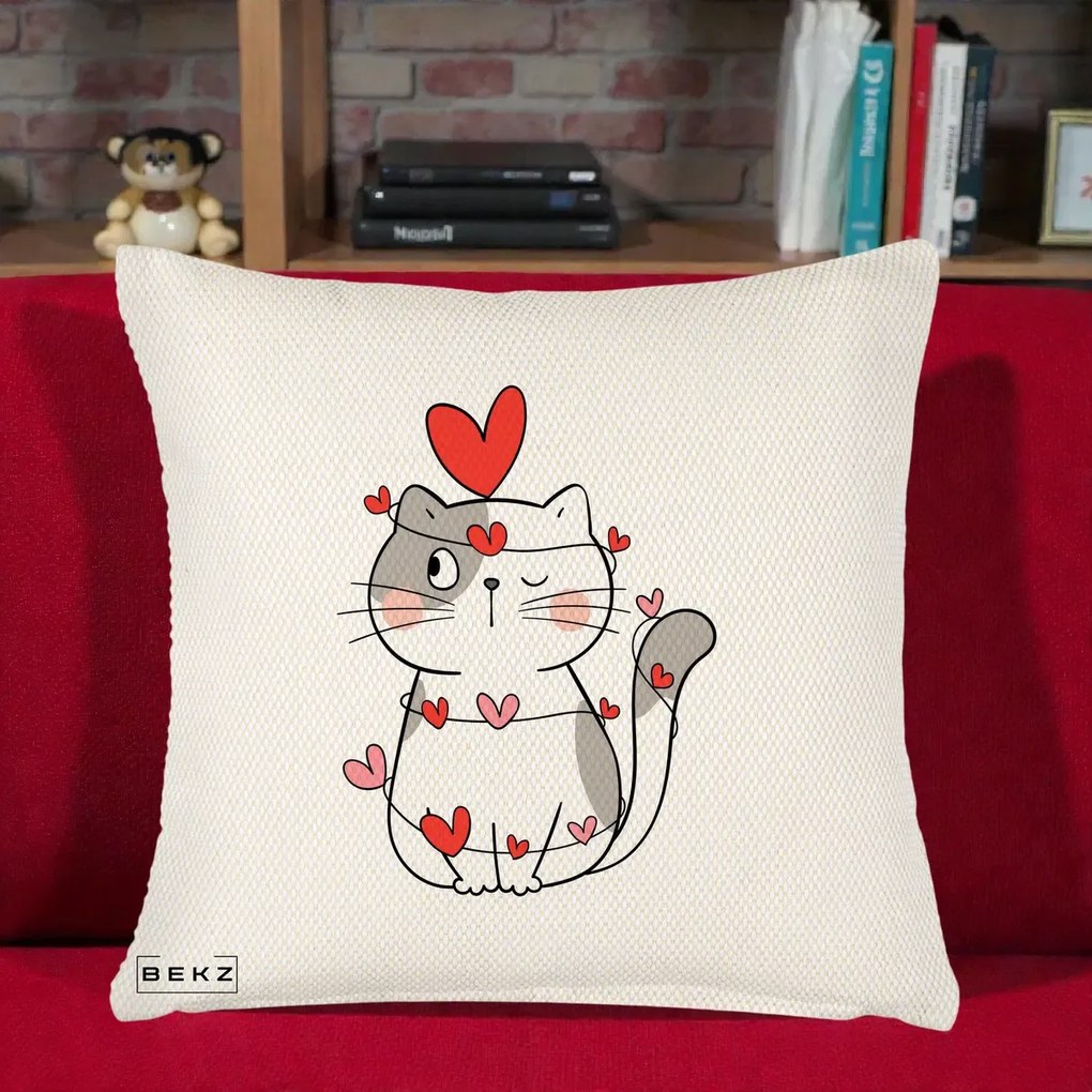 Perna Decorativa Pisica Kawaii cu Inimi, 40x40 cm, Crem Reliefat, Husa Detasabila, Perna Inclusa, BEKZ®
