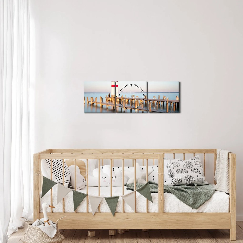 Tablou cu far la răsărit de soare (cu ceas) (90x30 cm)