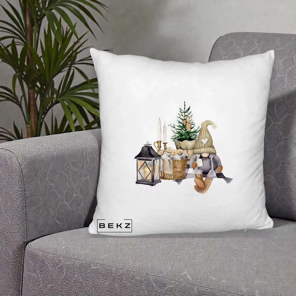 Perna Decorativa Gnom Scandinav cu Felinar, 40x40 cm, Alb Pufos, Husa Detasabila, Perna Inclusa, BEKZ®