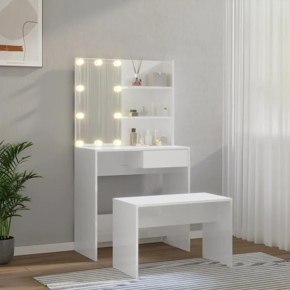 Set de masuta de toaleta cu LED, alb extralucios lemn prelucrat Alb foarte lucios, 74.5 x 40 x 141 cm