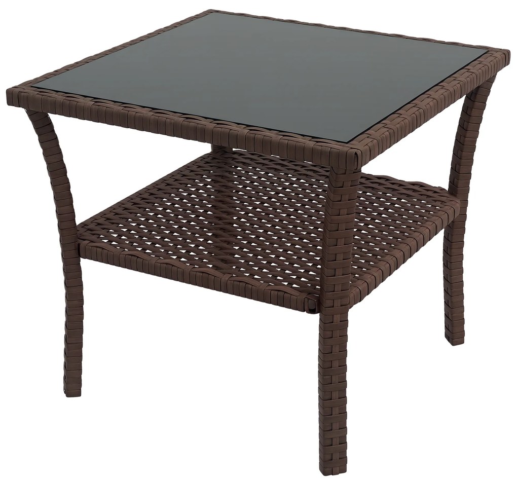 Outsunny Masă auxiliară din rășină împletită cu 2 nivele 50x50x45cm, masă de cafea pentru grădină pătrată cu blat de sticlă securizat, maro | Aosom Romania