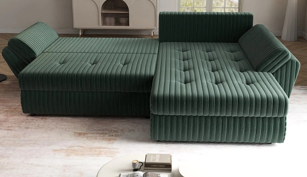 Colțar extensibil dumonde cu ladă de depozitare si sezut confortabil din spuma high-density, Loana Ambience Green II 270x185 cm