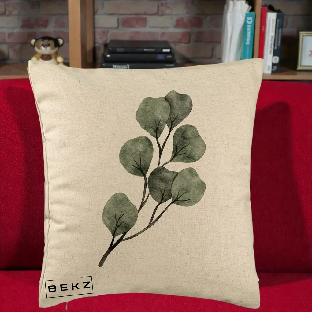 Perna Decorativa Ramura Eucalipt Acuarela, 40x40 cm, Bej, Husa Detasabila, Perna Inclusa, BEKZ®