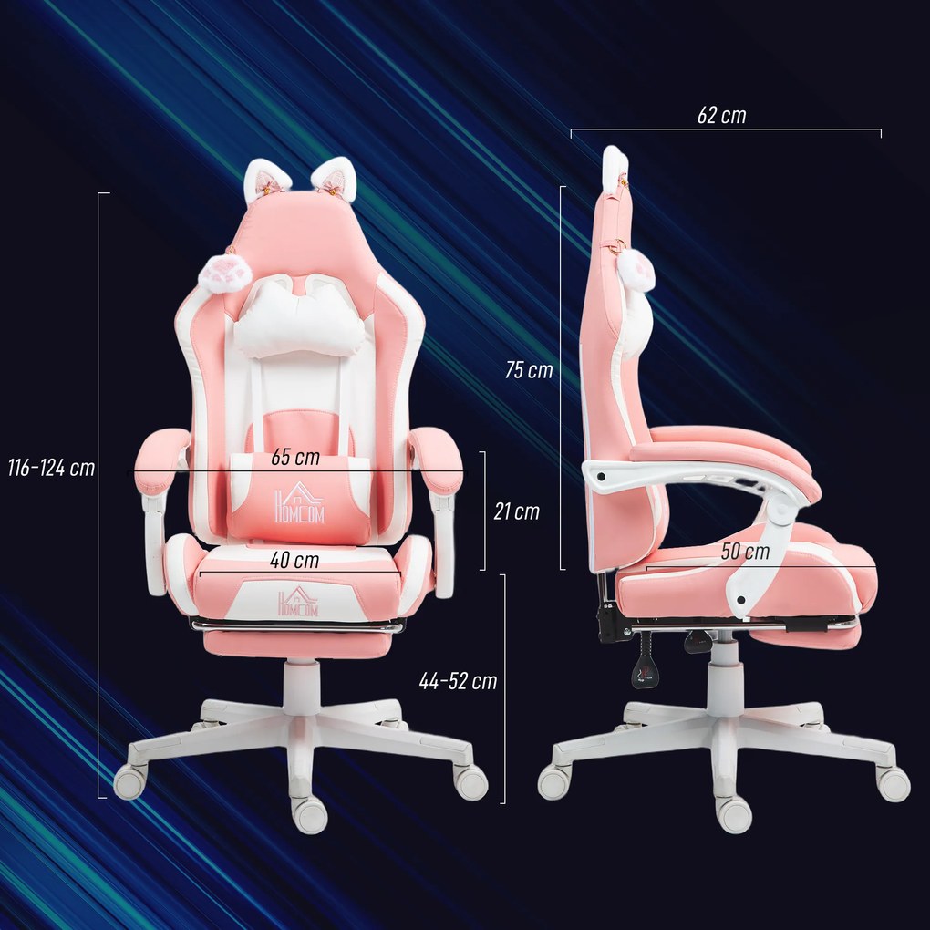 HOMCOM Scaun de Gaming Ergonomic cu Urechi de Pisică, Suport pentru Picioare și Suport Lombar, 65x62x116-124 cm, Roz | Aosom Romania