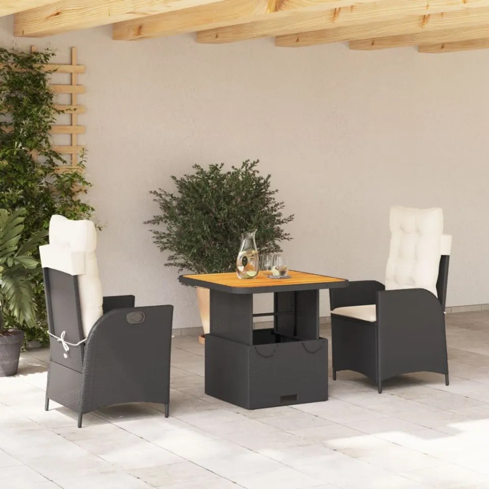 Set mobilier de grădină cu perne, 3 piese, negru, poliratan