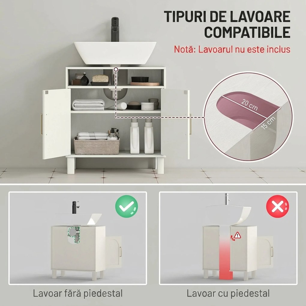 HOMCOM Dulap sub lavoar pentru baie, cu 2 uși arcuite încastrate, raft reglabil, pentru lavoare fără piedestal, crem | Aosom Romania