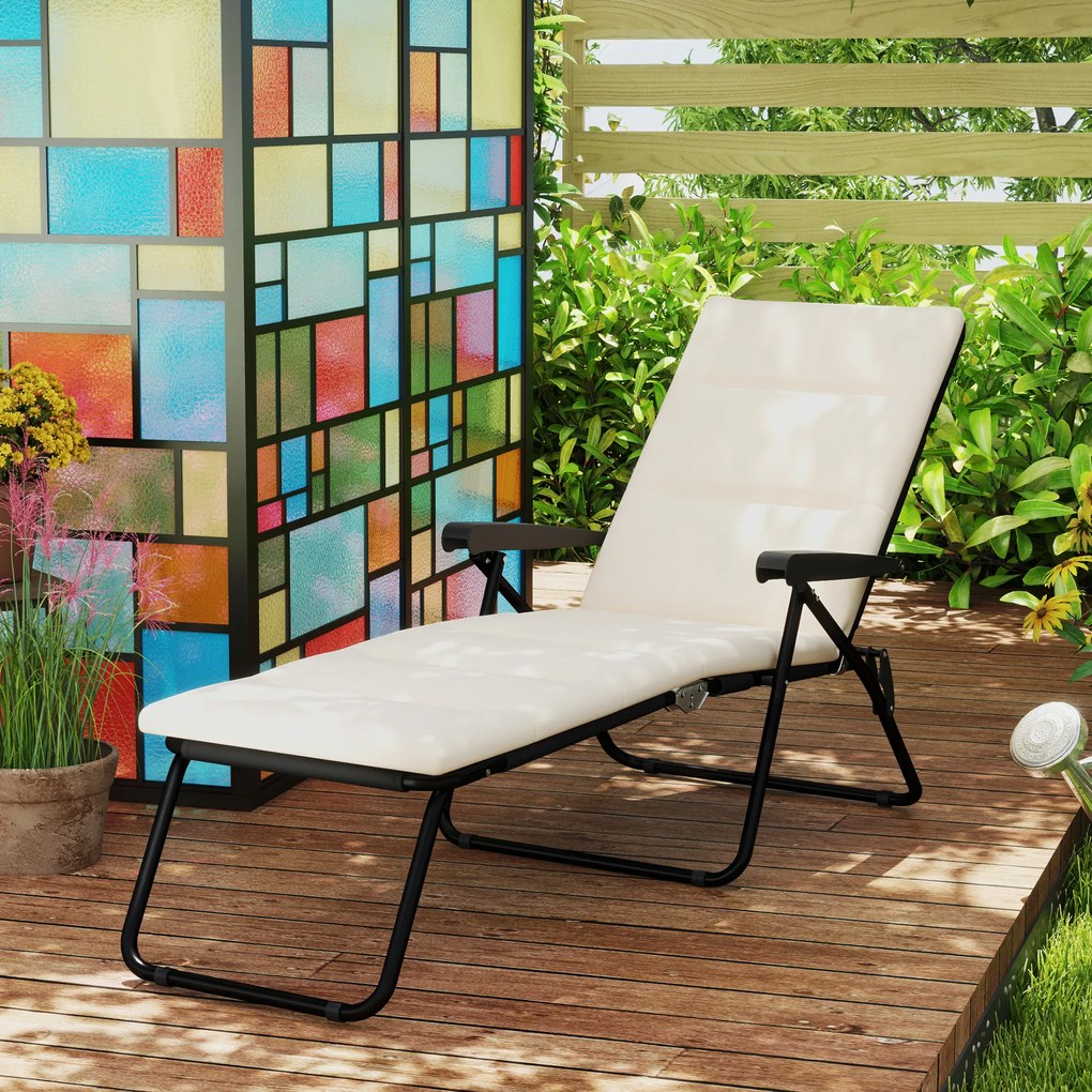 Outsunny Șezlong pliabil reglabil 6 poziții cu saltea + cotiere oțel/poliester 153 x 58,5 x 89 cm crem | Aosom Romania