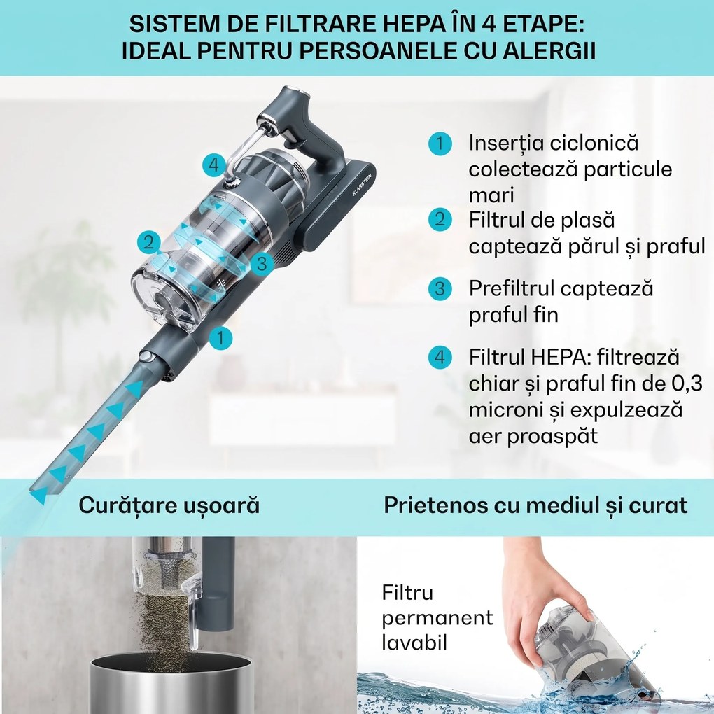 Klarstein LARMA, aspirator, fără fir, fără sac, timp de funcționare maxim 45 min, LED