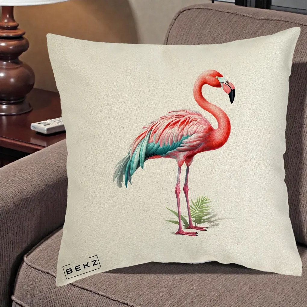 Perna Decorativa Flamingo Roz cu Pene Teal, 40x40 cm, Ecru, Husa Detasabila, Perna Inclusa, BEKZ®