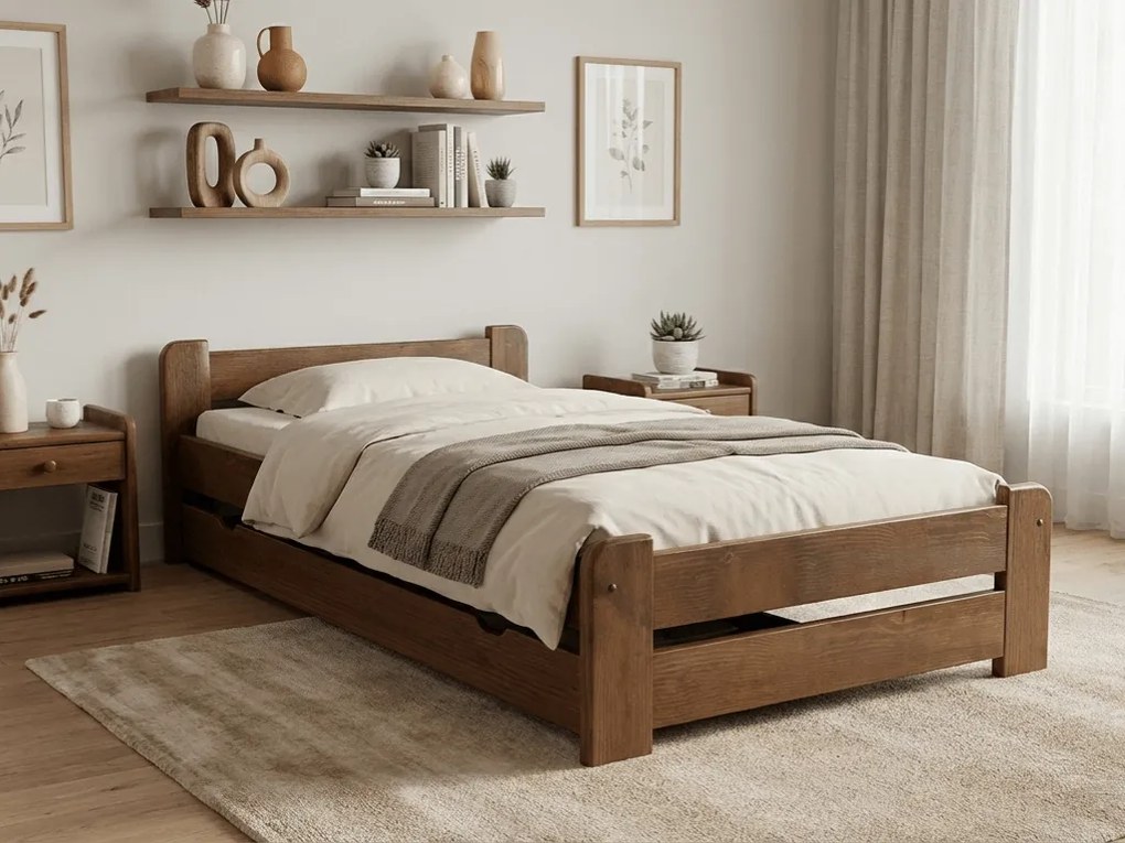 Pat de o persoana Emily 80x200 cm, stejar Saltele: Cu saltele Deluxe 10 cm, Somiera pat: Cu lamele curbate