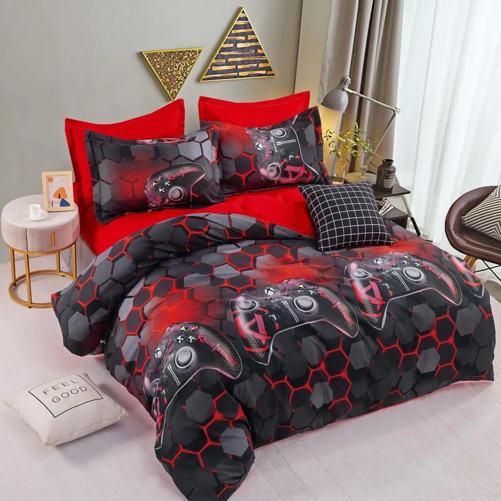 Lenjerie de pat cu 2 fete, tesatura tip finet, pat 2 persoane, rosu / negru, 6 piese, FNJ-379