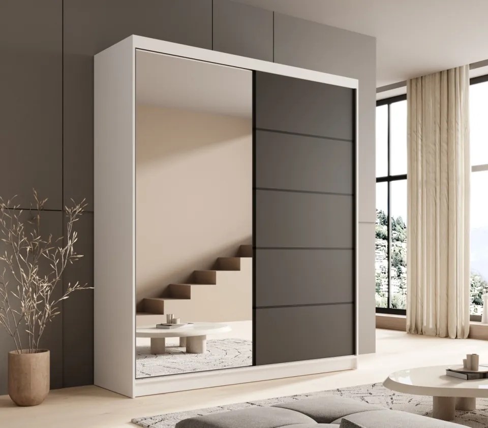 Dulap cu usi glisante si oglinda, 180x58x215 cm, Nico 180, ADRK Furniture (Culoare: Alb / Negru)