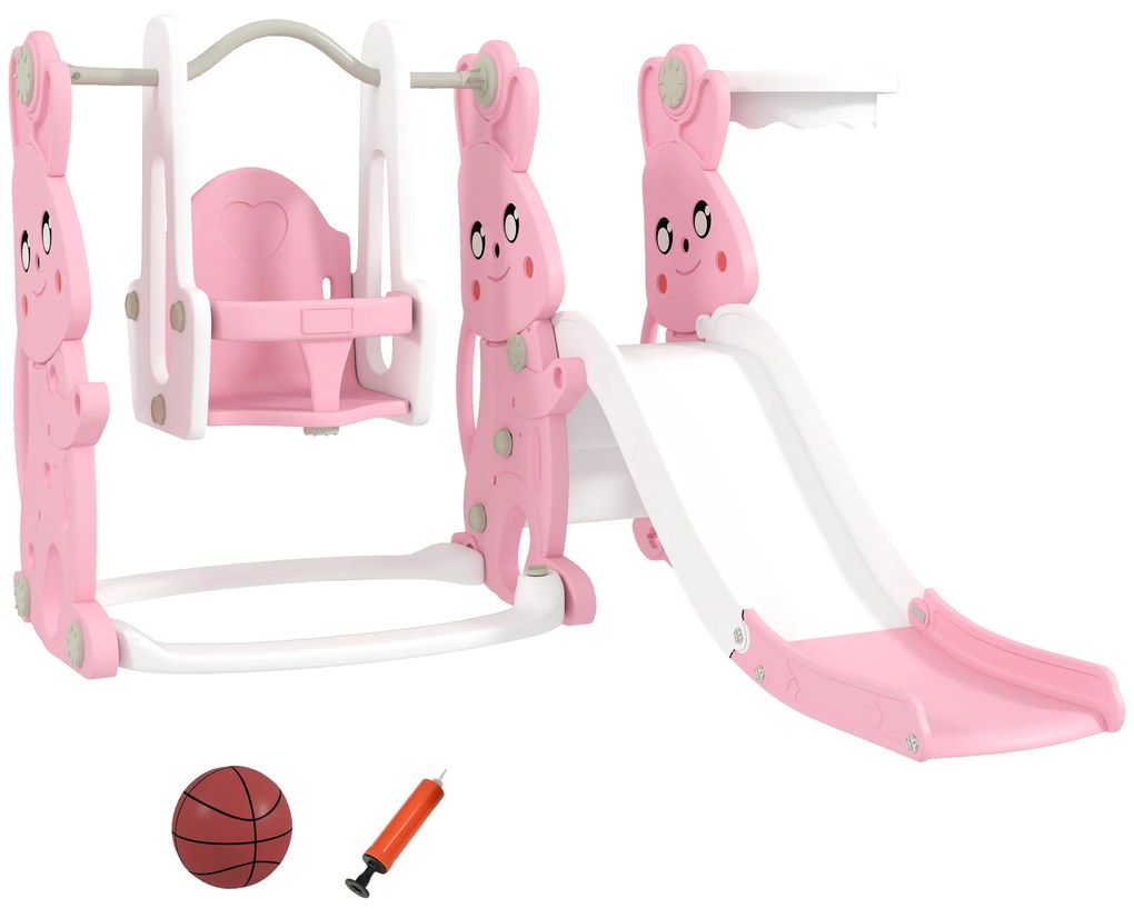 AIYAPLAY Tobogan și leagăn pentru copii 4 în 1 cu coș de baschet, tobogan, leagăn, 147,5x160x107cm, roz | Aosom Romania