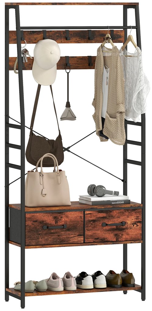 HOMCOM Mobilier de intrare 6 în 1 cuier bară pentru haine raft 2 sertare 10 cârlige 80 x 30 x 180 cm maro rustic | Aosom Romania