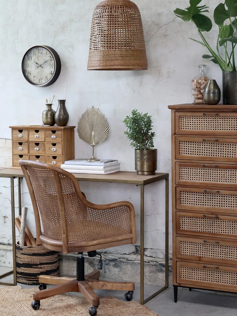 Scaun de birou, din lemn de mesteacan si rattan, cu spatar inalt, natur, cu aspect vintage