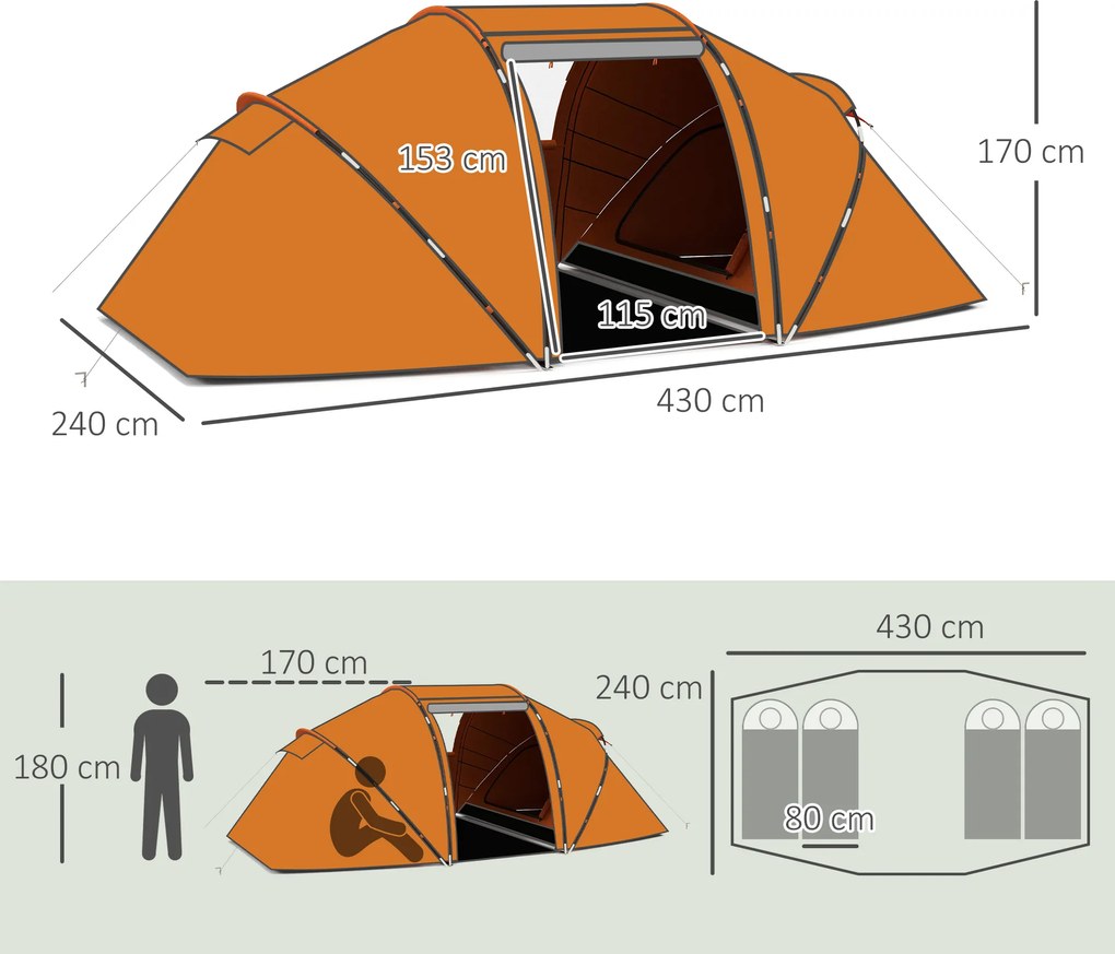 Outsunny Cort tunel pentru 4-6 persoane, cort de camping cu ușă, prelată la sol, impermeabil 2000mm, Portocaliu | Aosom Romania