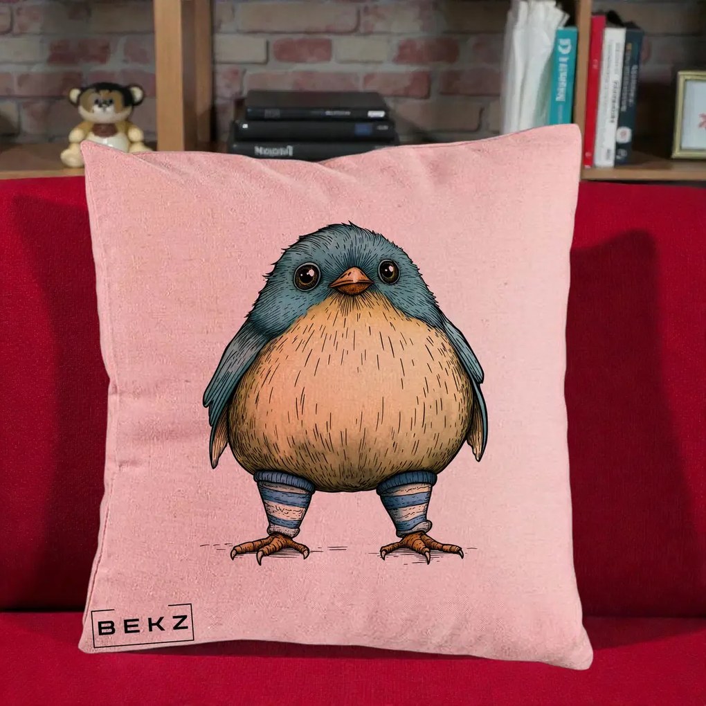 Perna Decorativa Pasare Albastra cu Sosete Albastre, 40x40 cm, Roz, Husa Detasabila, Perna Inclusa, BEKZ®