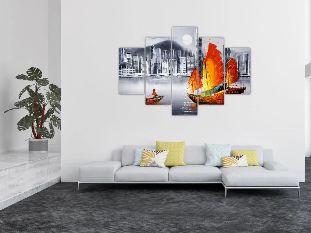 Tablou - Victoria Harbour, Hong Kong, pictură în ulei alb- negru (150x105 cm)