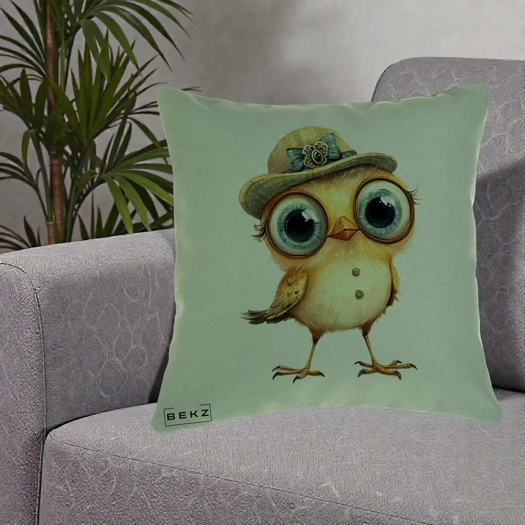 Perna Decorativa Pui Elegant cu Palarie Teal, 40x40 cm, Verde, Husa Detasabila, Perna Inclusa, BEKZ®
