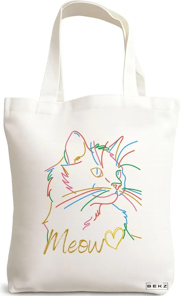 Sacosa de Panza pentru Cumparaturi, Geanta Tote, model Meow, 38x34.5 cm, Alba, BEKZ®