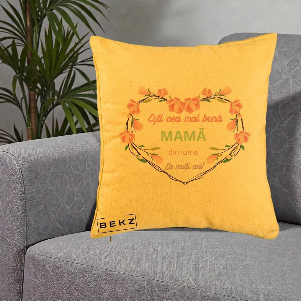 Cadou pentru Mama - Perna Personalizata Esti Cea mai Buna Mama din Lume La Multi Ani cu Inima Florala, 40x40 cm, Galben, Husa Detasabila, Perna Inclusa, BEKZ®