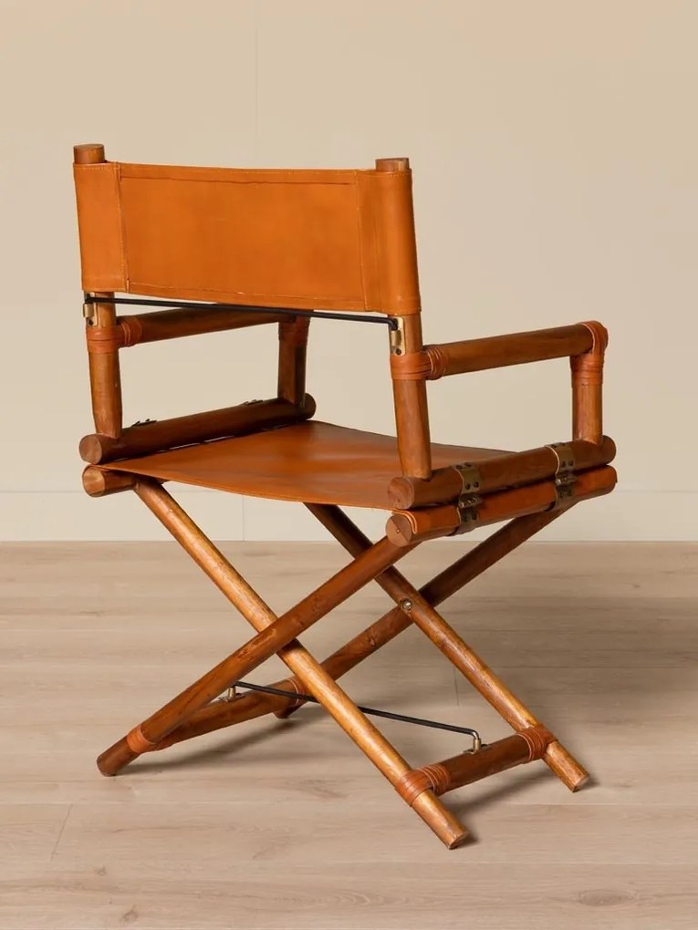 Scaun de dining pliabil din piele camel și lemn de tec cu finisaj natural, 92×58×46 cm, înălțime șezut 52 cm, „Explorer"