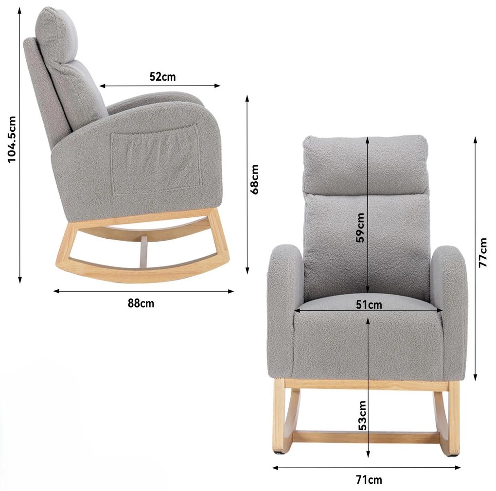 Scaun balansoar modern din material Teddy, cu șezut căptușit și buzunar lateral ascuns, pentru living și dormitor, 71x88x104,5 cm, Gri deschis