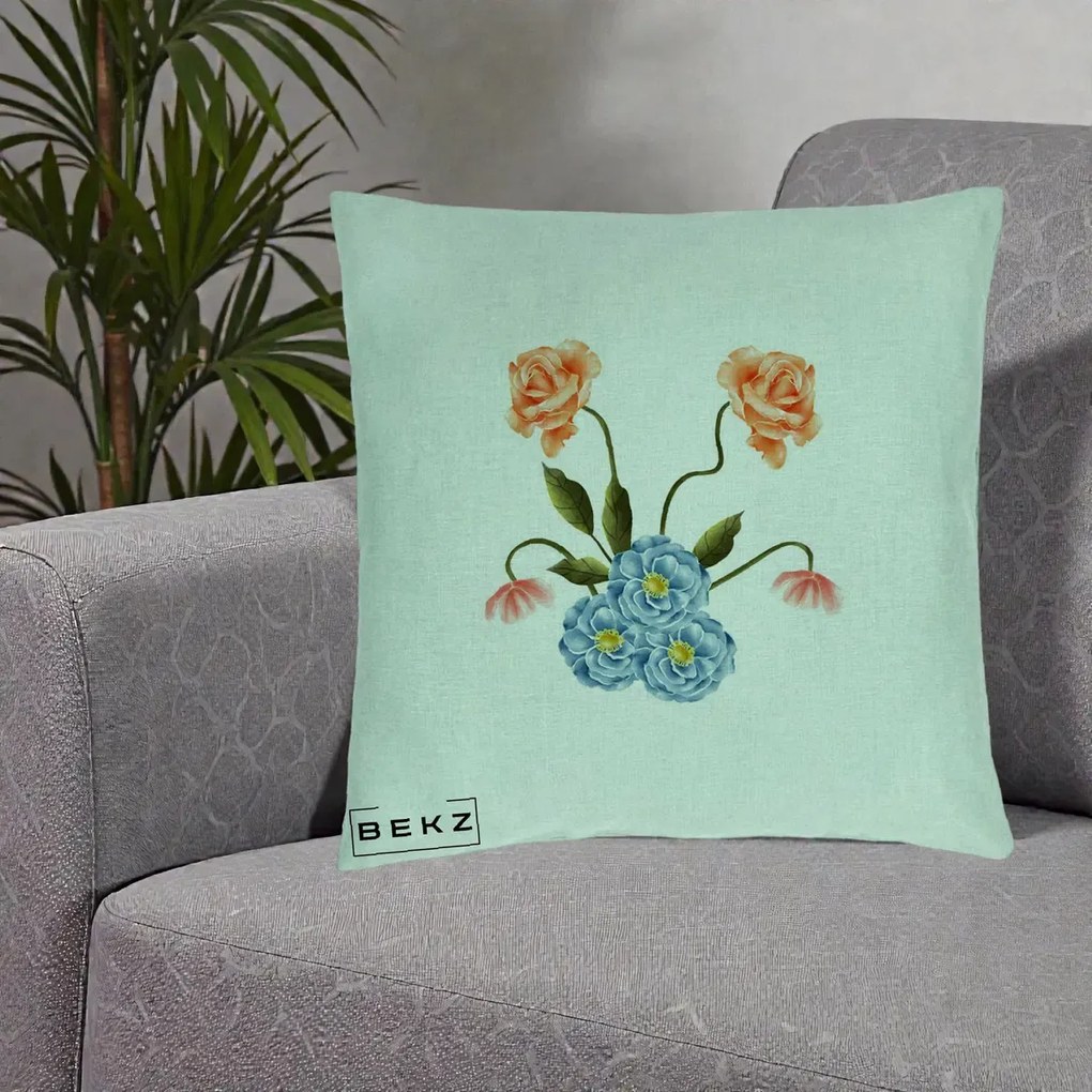 Perna Decorativa Trandafiri si Bujori Acuarela, 40x40 cm, Verde Menta, Husa Detasabila, Perna Inclusa, BEKZ®