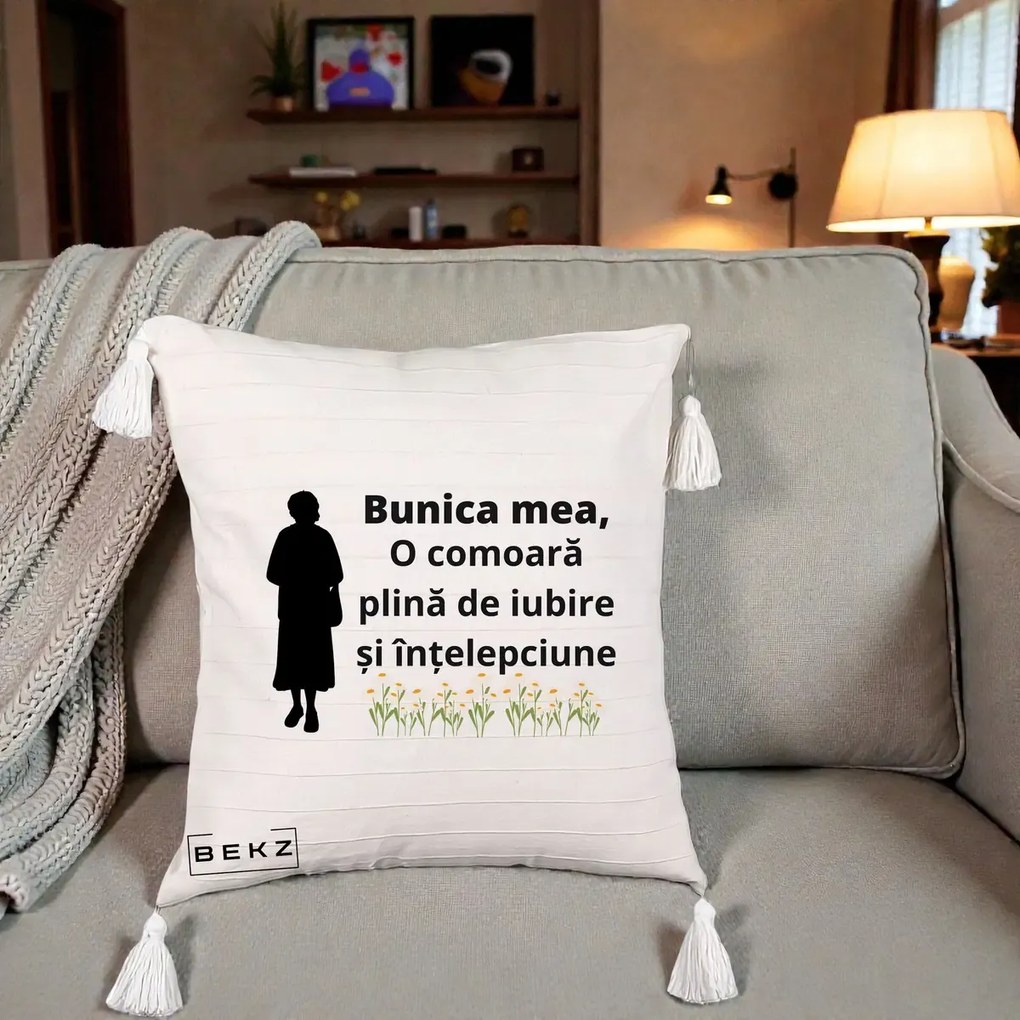Cadou pentru Bunica - Perna Personalizata Bunica Mea Comoara Iubire Intelepciune Silueta cu Nepoata, 40x40 cm, Bej cu Franjuri, Husa Detasabila, Perna Inclusa, BEKZ®