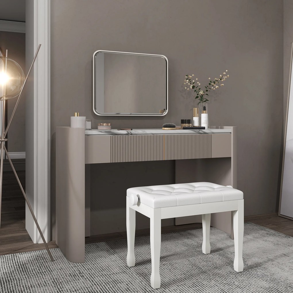 HOMCOM Banchetă de pian, banchetă pentru claviatură cu înălțime reglabilă din lemn masiv, șezut căptușit, 64 x 35 x 45-55 cm, alb | Aosom Romania