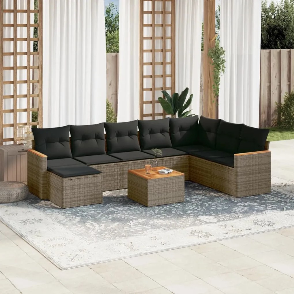 vidaXL Set canapele de grădină, 9 piese, cu perne, gri, poliratan