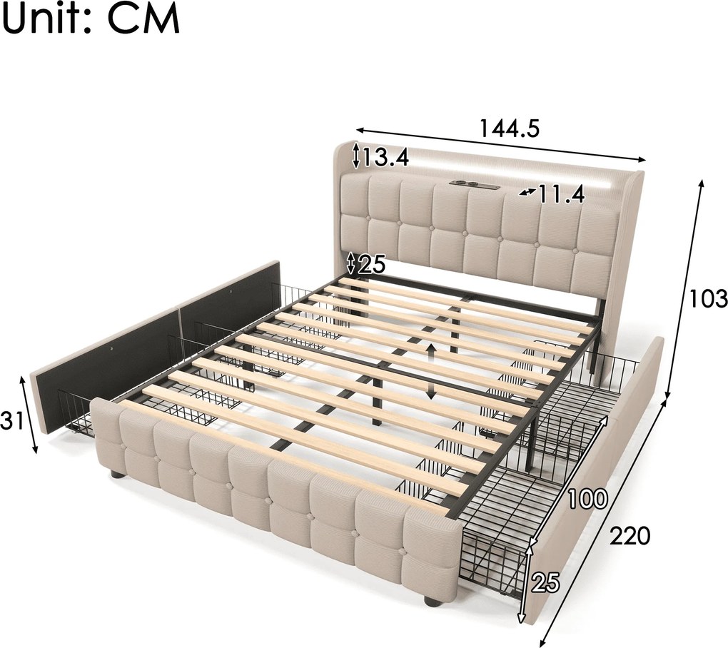 Pat cu tăblie USB și iluminare LED, 4 sertare, structură din lemn, tăblie tapițată, 140x200 cm, Bej
