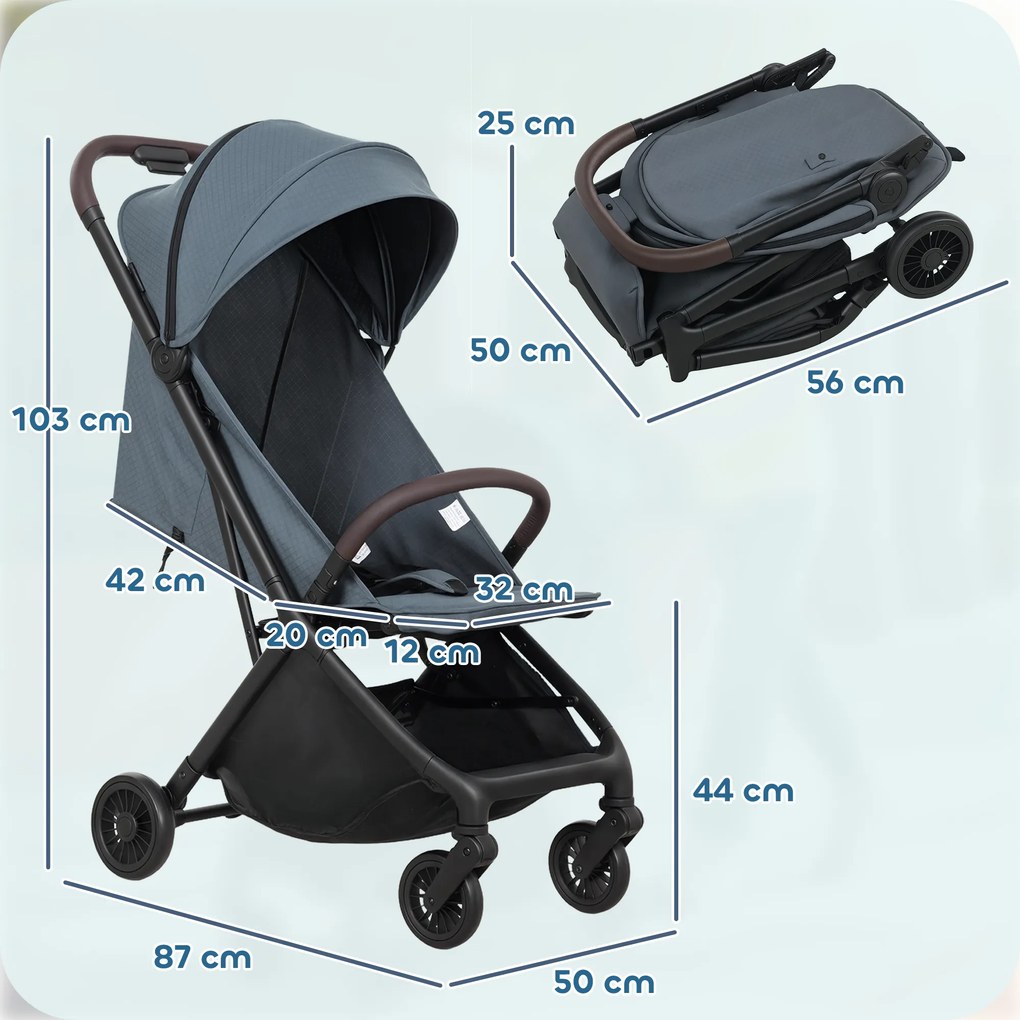 AIYAPLAY Cărucior Ușor 6.3kg pentru Copii 0-3 Ani Pliabil cu o Mână, Cărucior Compact Reclinabil cu Copertină și Suport pentru Picioare Reglabil, Roți și Coș de Depozitare, Până la 15 kg, Albastru | Aosom Romania