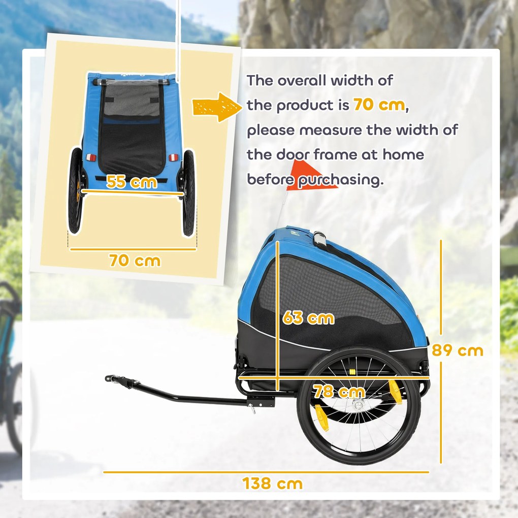 PawHut Remorcă pliabilă pentru câini cu reflectoare, ferestre din plasă, roți, ușă, steguleț de siguranță pentru câini până la 20 kg 138x70x89 cm Albastru | Aosom Romania