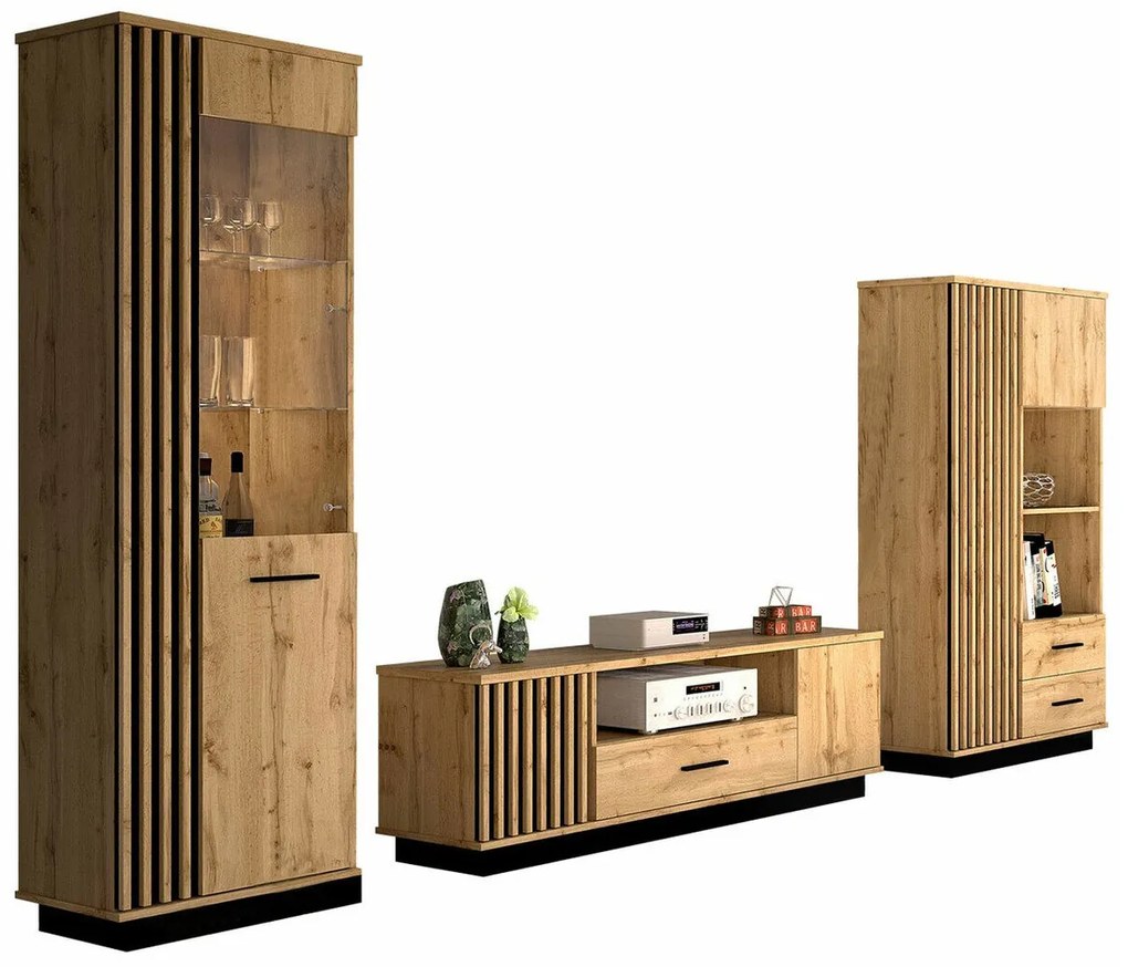 Set camera de zi Ogden J114Negru, Wotan stejar, Cu componente suplimentare, Părți separate, Cu comodă TV, PAL laminat, Sticlă călită, MDF, 194x40cm, 145 kg