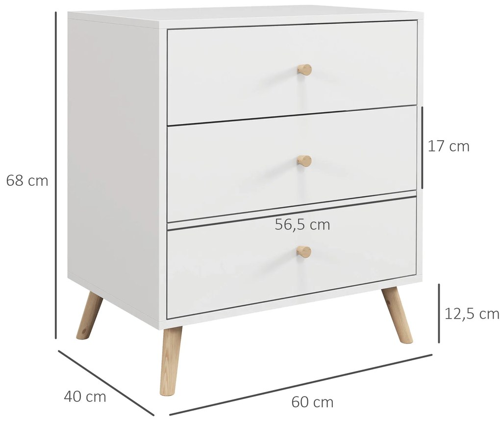 HOMCOM Comodă 3 sertare Design scandinav Mobilier de Depozitare Camera MDF Alb mânere picioare conice Lemn Masiv de pin | Aosom Romania