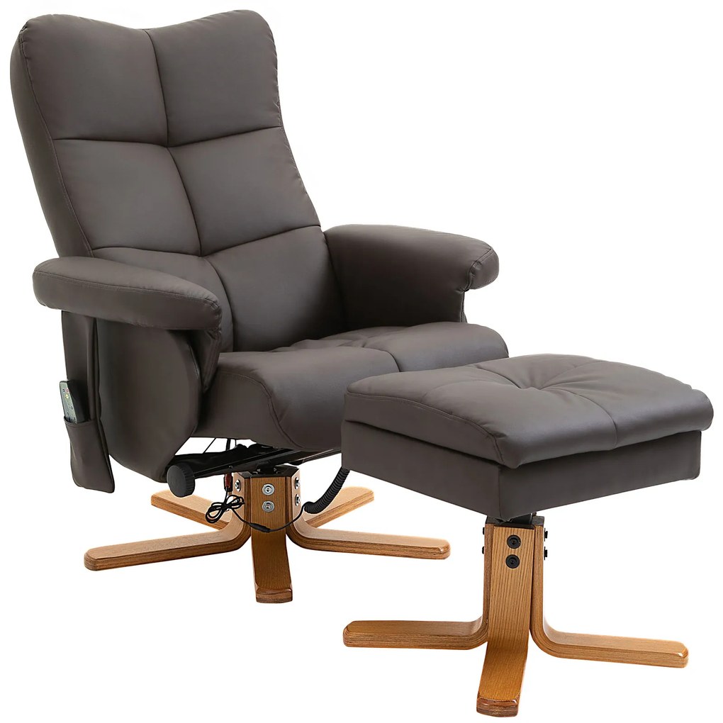 HOMCOM Fotoliu de masaj cu taburet, rotativ la 360°, fotoliu de relaxare electric cu funcții de culcare și spațiu de depozitare, fotoliu TV cu buzunar lateral și telecomandă pentru sufragerie, piele artificială, maro | Aosom Romania