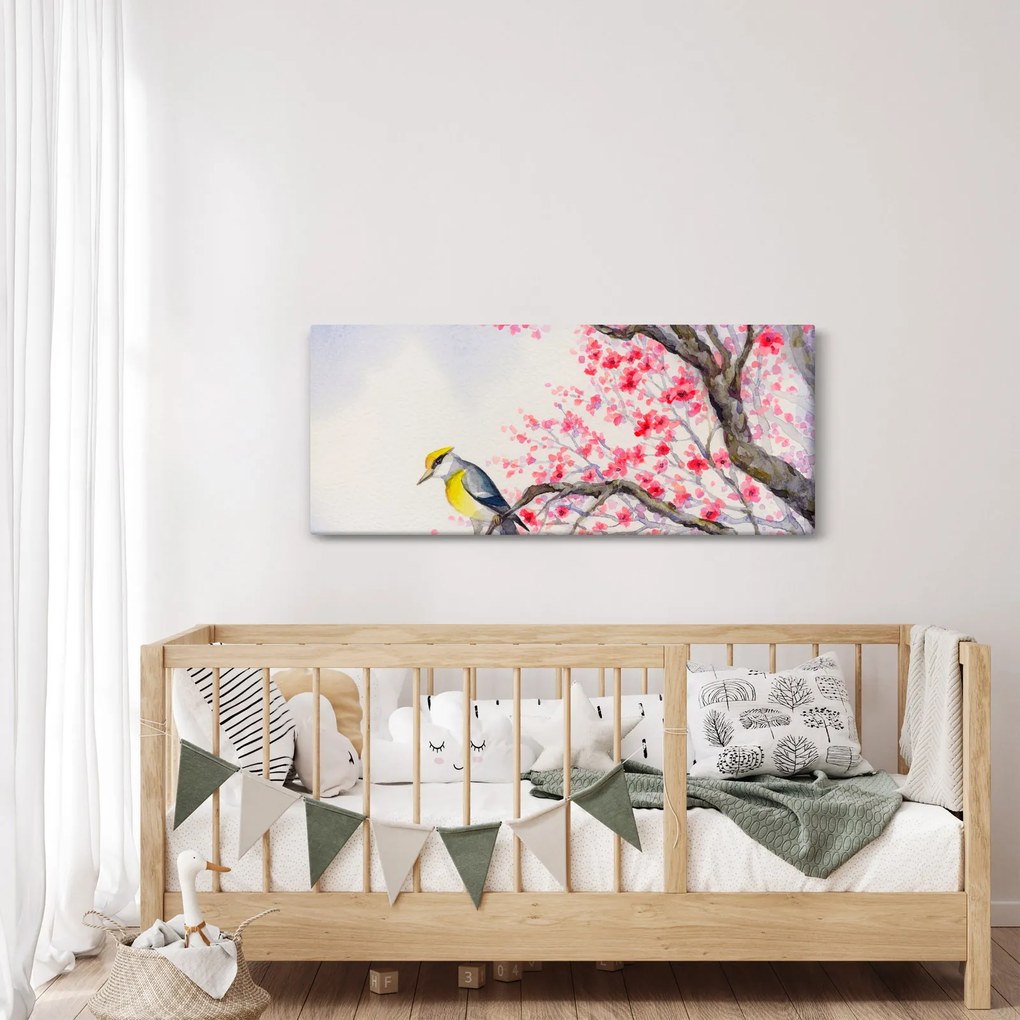Tablou - Pasăre pe un copac cu flori roșii (120x50 cm)