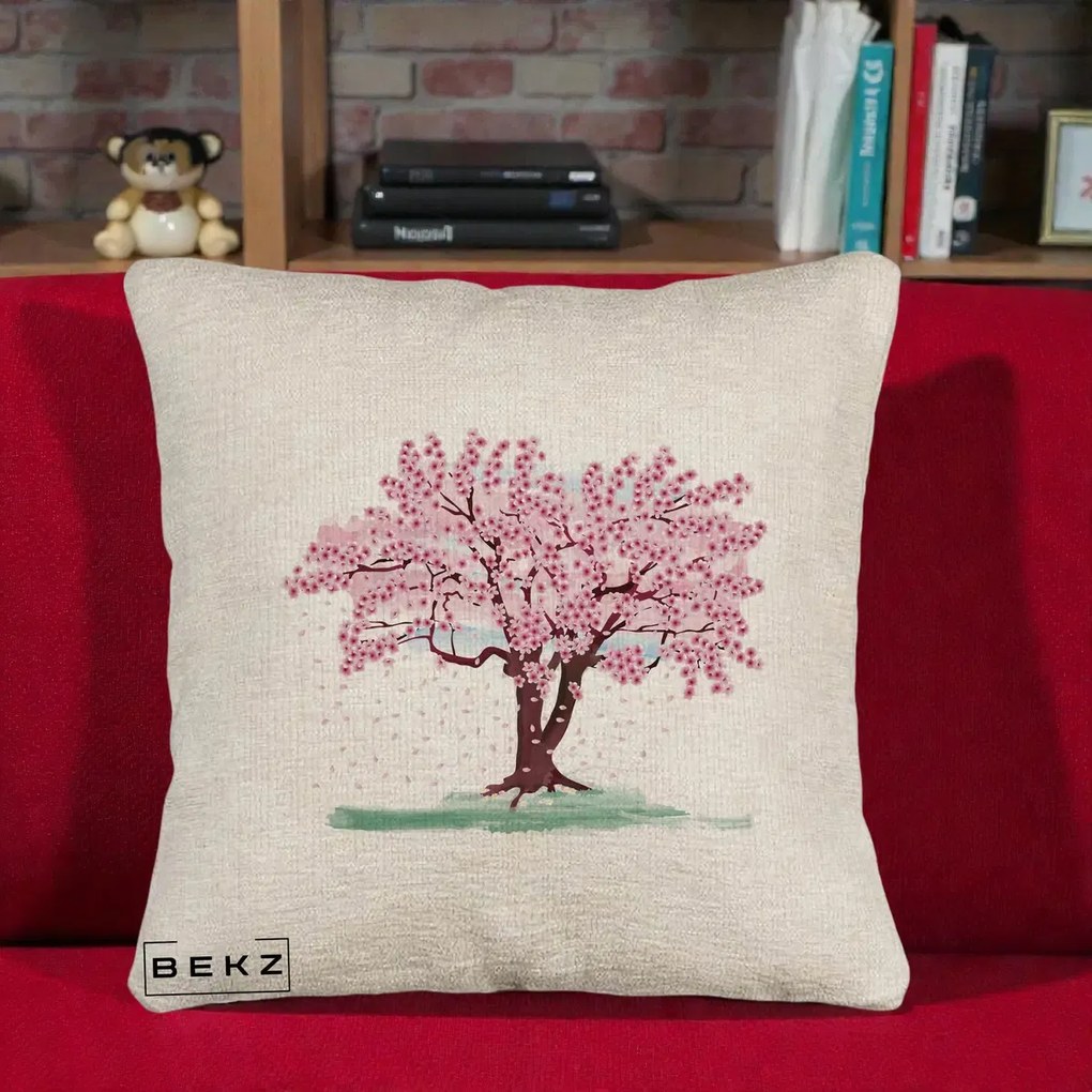 Perna Decorativa Cires Inflorit Acuarela, 40x40 cm, Bej Canapea, Husa Detasabila, Perna Inclusa, BEKZ®